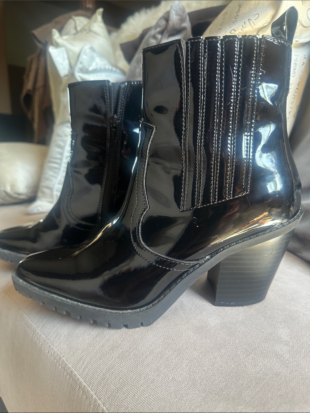 Diba Black Patent Ankle Booties with Block Heel
